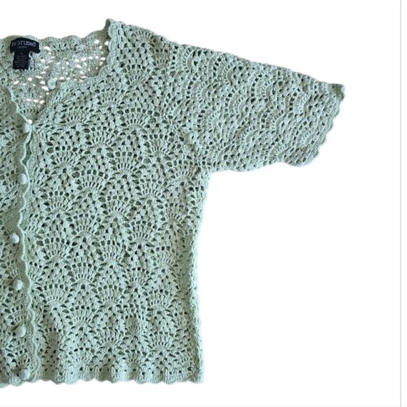 Bay Studio Crochet Knit Cardigan Sz XL Soft Sage Green Vintage Cottagecore Y2K - Picture 11 of 16